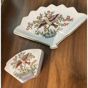 Limoges Fan Shaped Trinket Dish and Box Aviary Mann Japan Birds with Flowers